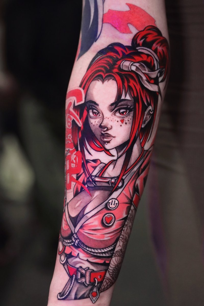 Red-haired anime warrior on the forearm — the piece that won Best Neo-Traditional at The Big London Tattoo Show 2024, tattooed by Alex Roze