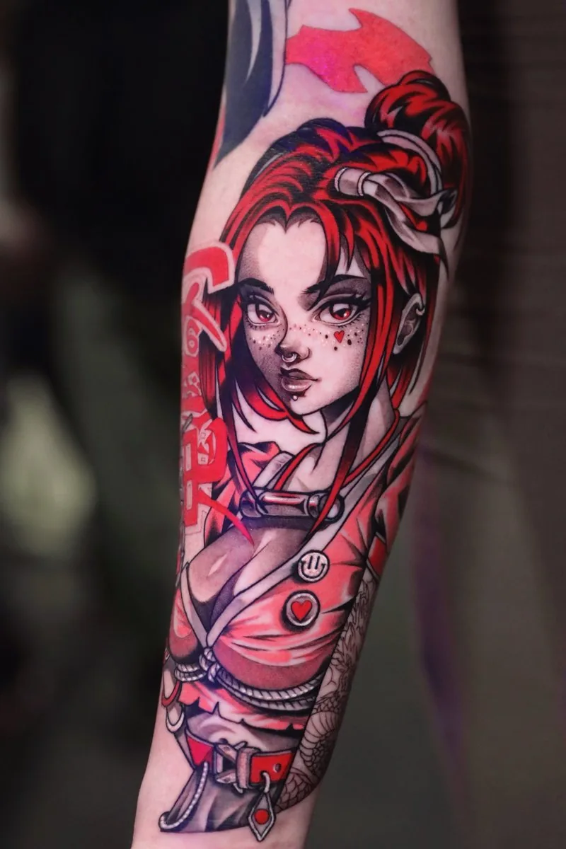 Red-haired anime warrior on the forearm — the piece that won Best Neo-Traditional at The Big London Tattoo Show 2024, tattooed by Alex Roze