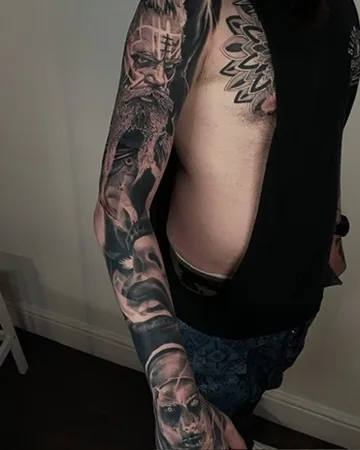 Bearded warrior and portraits sleeve — black & grey tattoo by Alex Roze, Kelowna