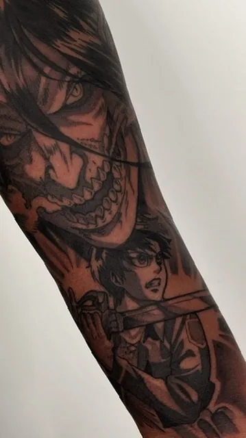 Attack on Titan anime sleeve — black & grey tattoo by Alex Roze, Kelowna