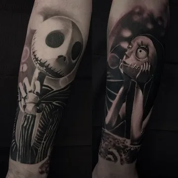 Jack and Sally, Nightmare Before Christmas — black & grey tattoo by Alex Roze, Kelowna