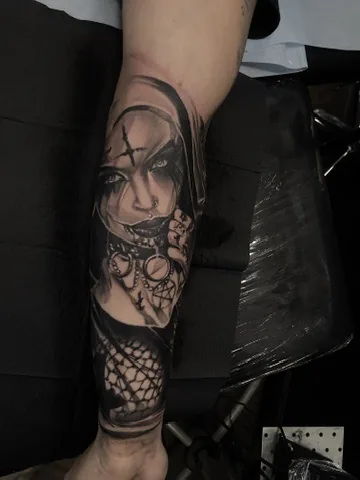 Portrait of a nun — black & grey tattoo by Alex Roze, Kelowna