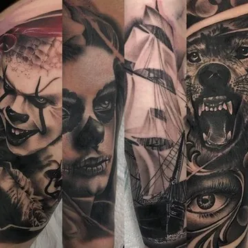 Pennywise, sugar skull, ship and wolf collage — black & grey tattoo by Alex Roze, Kelowna