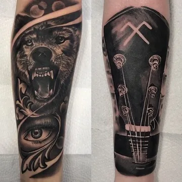 Wolf and guitar headstock collage — black & grey tattoo by Alex Roze, Kelowna