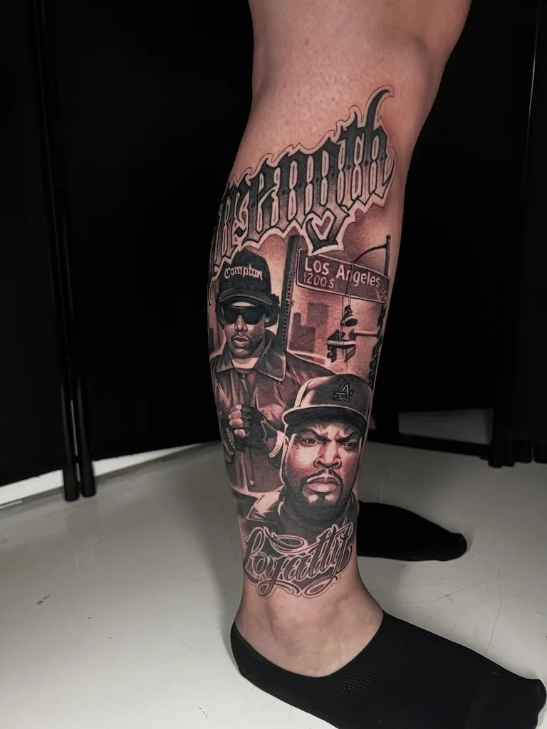 Compton hip-hop portraits leg — black & grey tattoo by Alex Roze, Kelowna