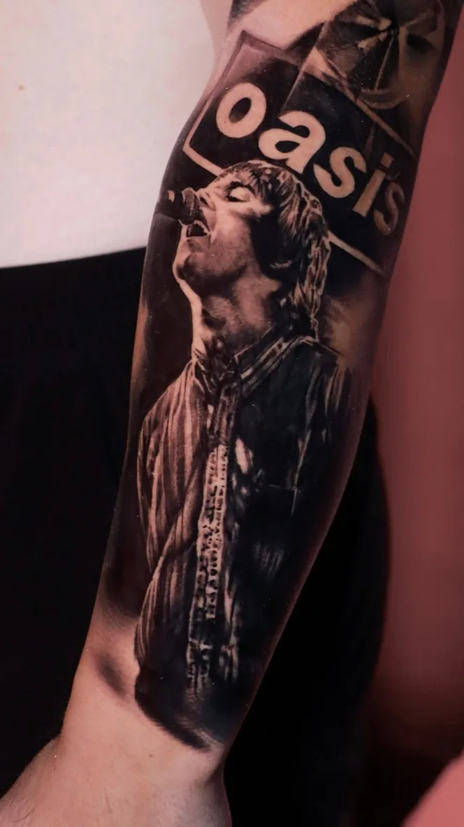 Liam Gallagher, Oasis portrait — black & grey tattoo by Alex Roze, Kelowna
