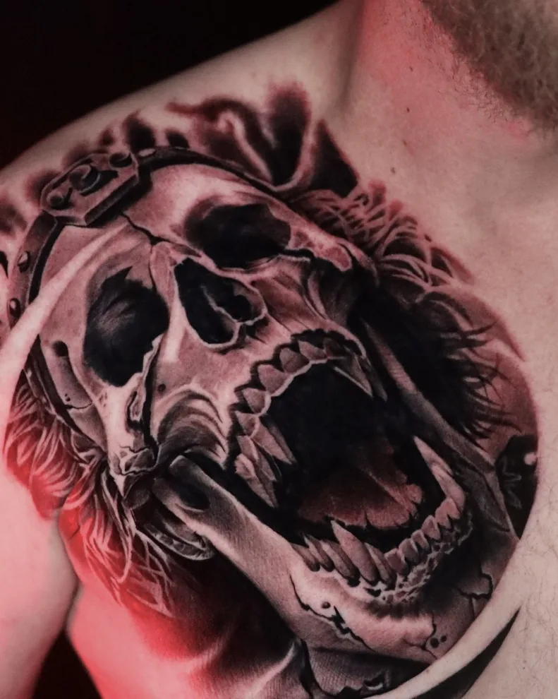 Roaring bear skull chest — black & grey tattoo by Alex Roze, Kelowna