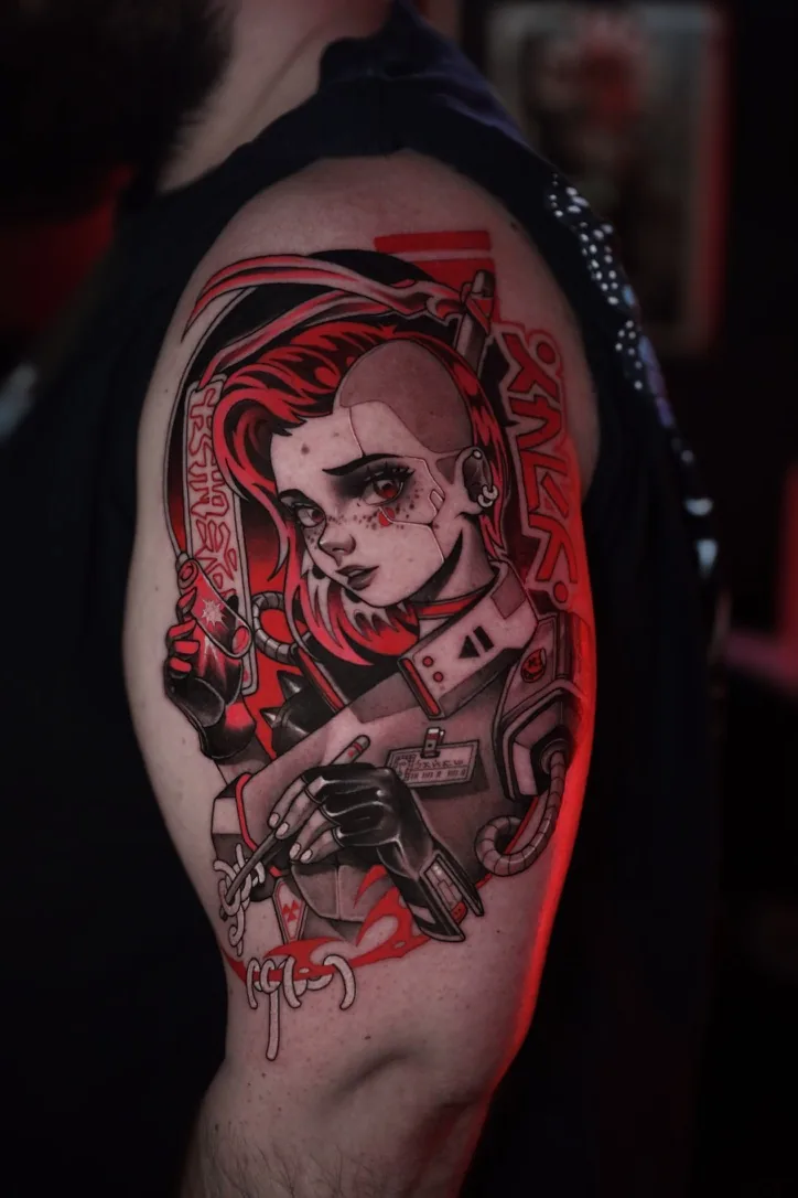 Cyberpunk anime tattoo by Alex Roze