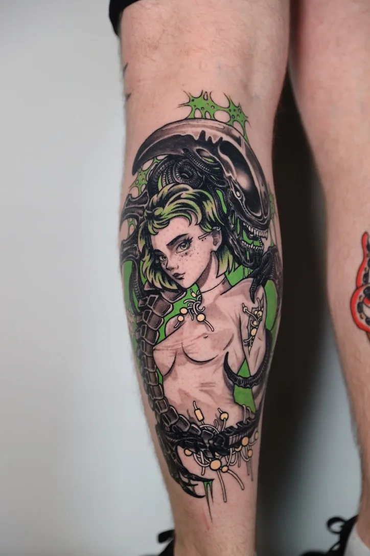 Anime girl with biomech alien, green — cyberpunk anime tattoo by Alex Roze, Kelowna