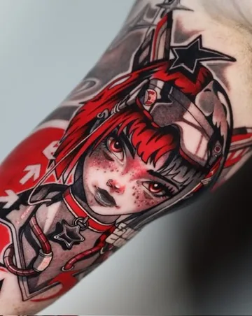 Anime girl with fox mask, red — cyberpunk anime tattoo by Alex Roze, Kelowna