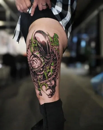 Green xenomorph alien — cyberpunk anime tattoo by Alex Roze, Kelowna