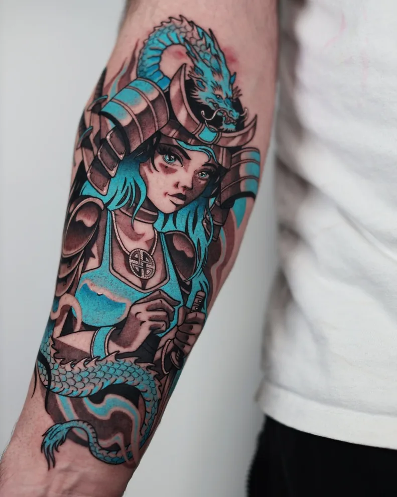 Blue dragon samurai anime girl — cyberpunk anime tattoo by Alex Roze, Kelowna