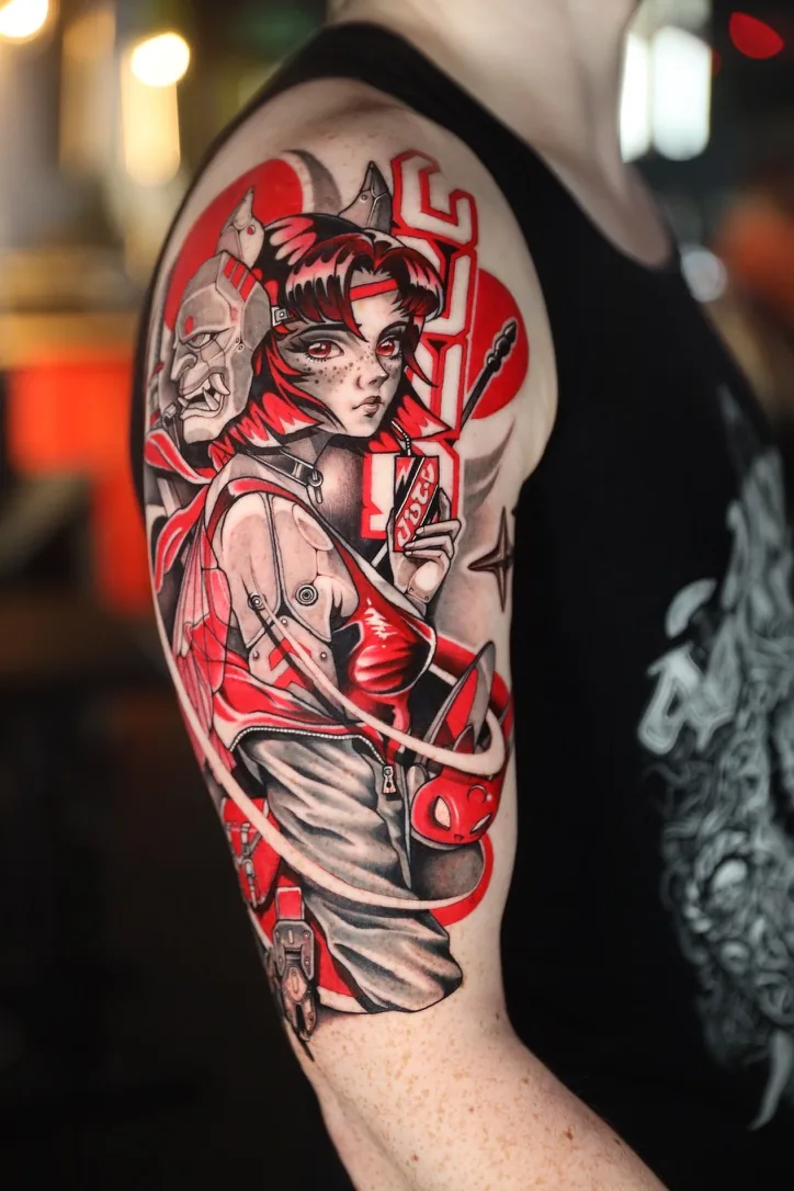 Red anime girl with oni mask — cyberpunk anime tattoo by Alex Roze, Kelowna