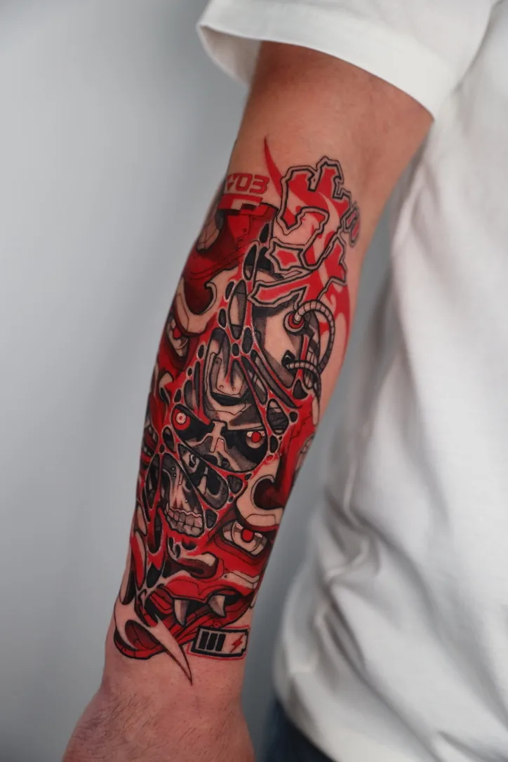 Red biomechanical skull sleeve — cyberpunk anime tattoo by Alex Roze, Kelowna