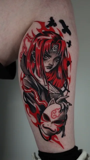 Red-haired anime girl with kitsune mask — cyberpunk anime tattoo by Alex Roze, Kelowna