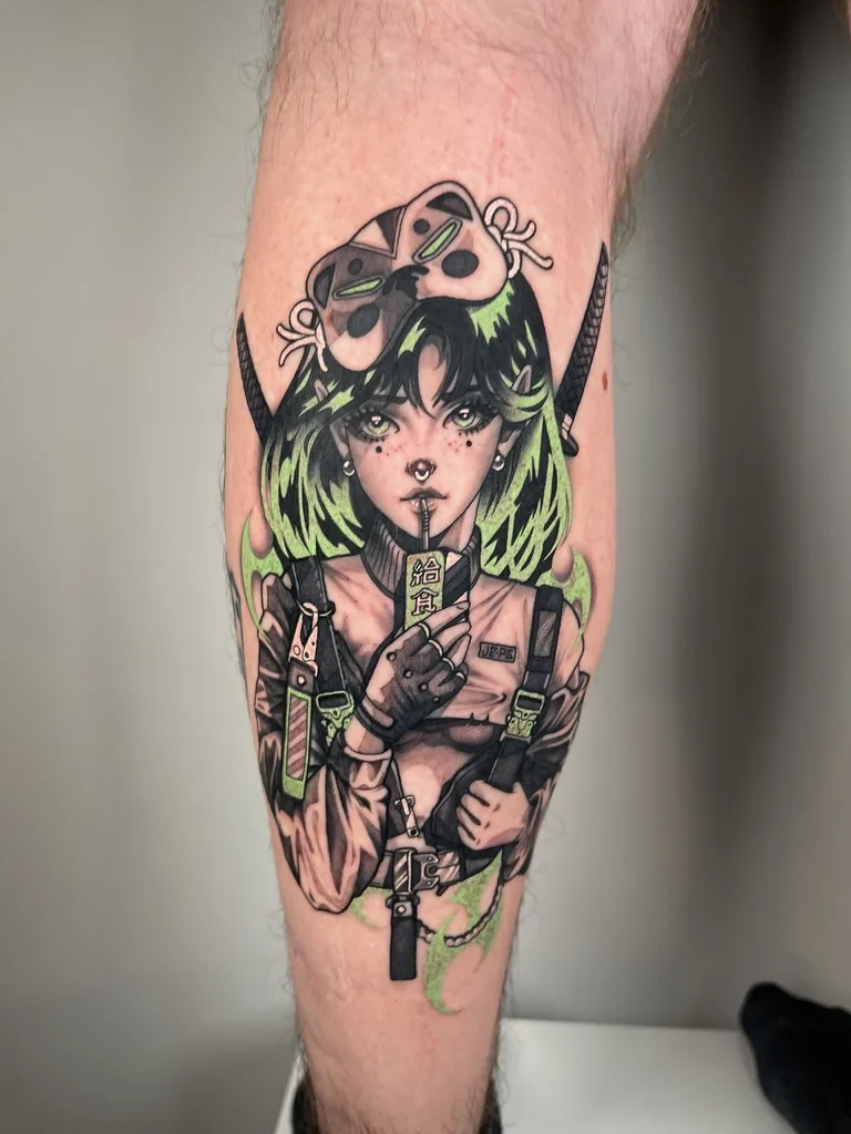 Green-haired anime girl with mask and blades — cyberpunk anime tattoo by Alex Roze, Kelowna