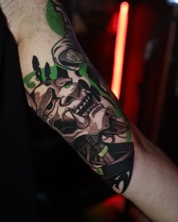 Green oni samurai mask sleeve — cyberpunk anime tattoo by Alex Roze, Kelowna