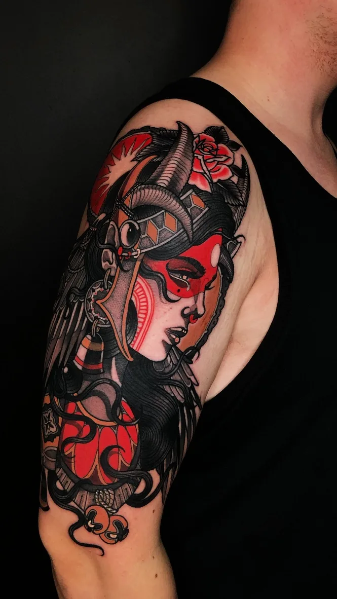 Horned warrior woman with red mask — neo-traditional tattoo by Alex Roze, Kelowna