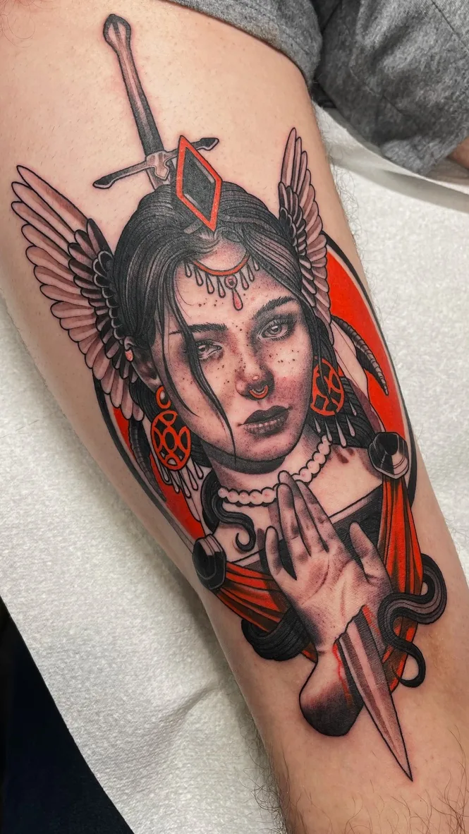 Winged woman with dagger — neo-traditional tattoo by Alex Roze, Kelowna