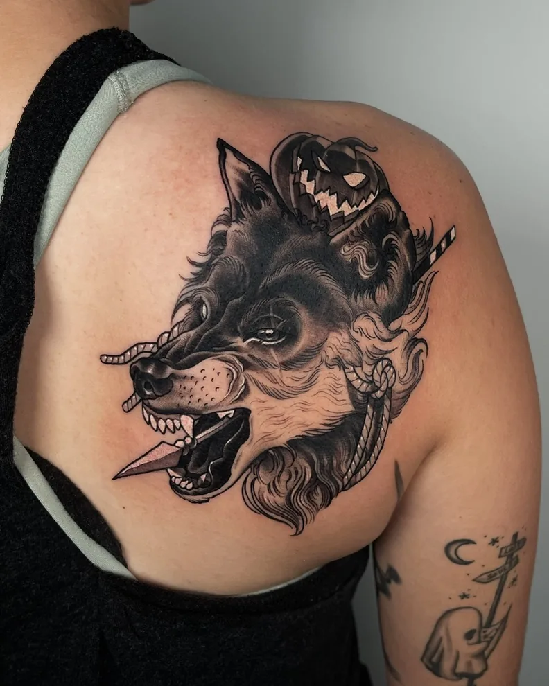 Wolf with pumpkin and dagger — neo-traditional tattoo by Alex Roze, Kelowna