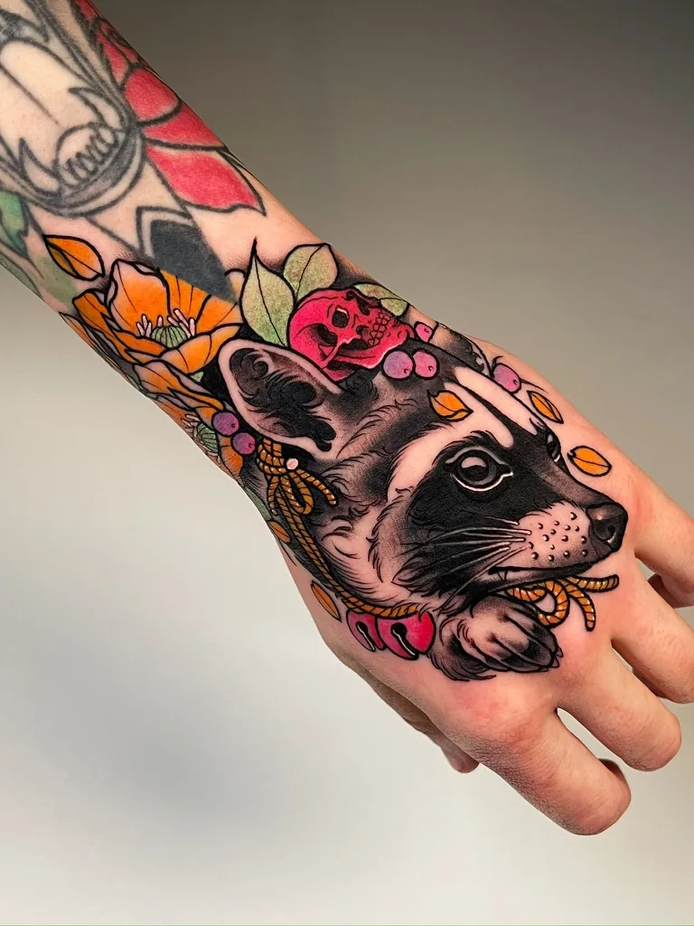 Raccoon with autumn flowers on the hand — neo-traditional tattoo by Alex Roze, Kelowna