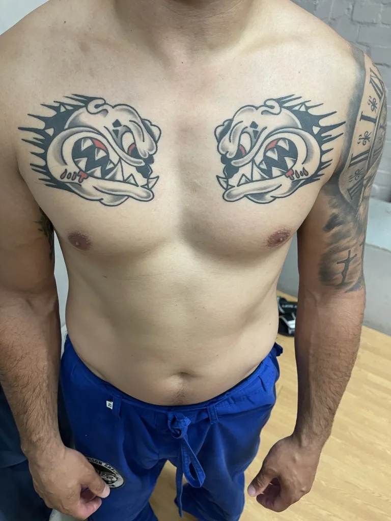 Mirrored angry duck faces across the chest — traditional tattoo by Alex Roze, Kelowna