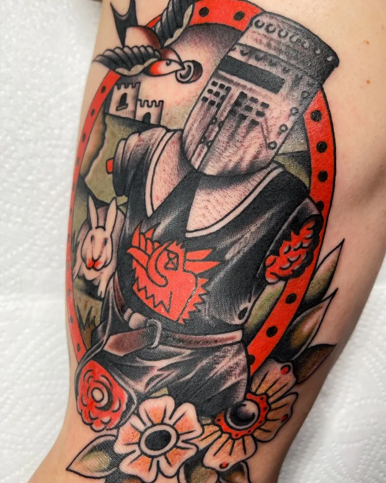Plague knight with castle and rabbit — traditional tattoo by Alex Roze, Kelowna