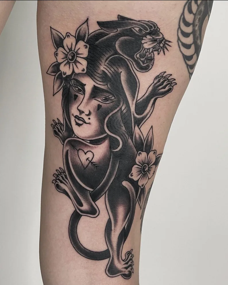 Panther and woman morph — traditional tattoo by Alex Roze, Kelowna