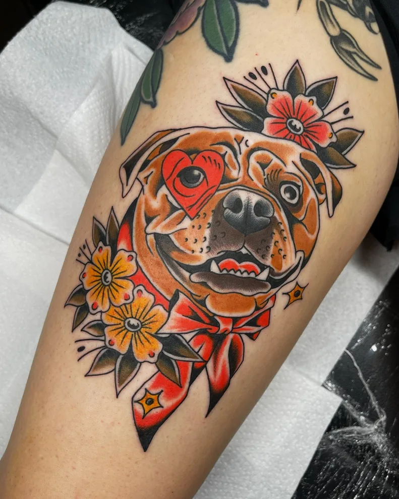Staffy dog portrait with flowers — traditional tattoo by Alex Roze, Kelowna