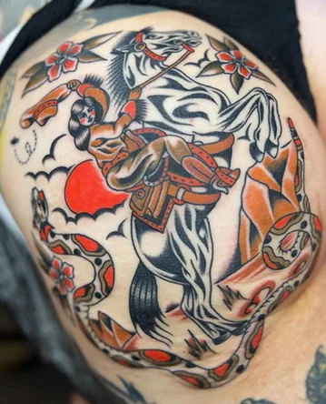 Cowgirl riding a horse with a red heart — traditional tattoo by Alex Roze, Kelowna
