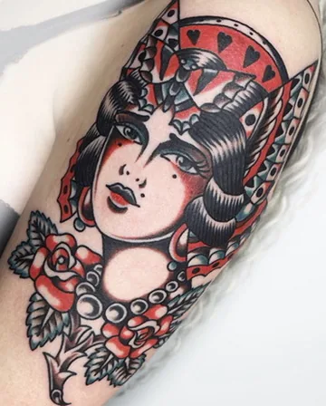Lady with two birds and a heart — traditional tattoo by Alex Roze, Kelowna