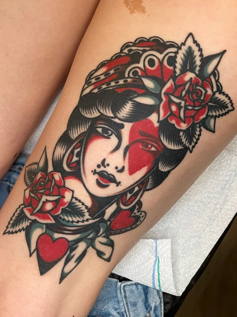 Lady head with snake and red roses — traditional tattoo by Alex Roze, Kelowna