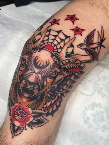Owl with spiderweb, swallow and rose — traditional tattoo by Alex Roze, Kelowna