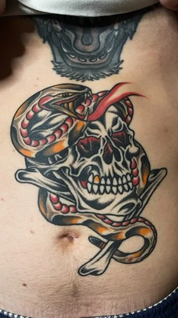 Skull with serpent — traditional tattoo by Alex Roze, Kelowna