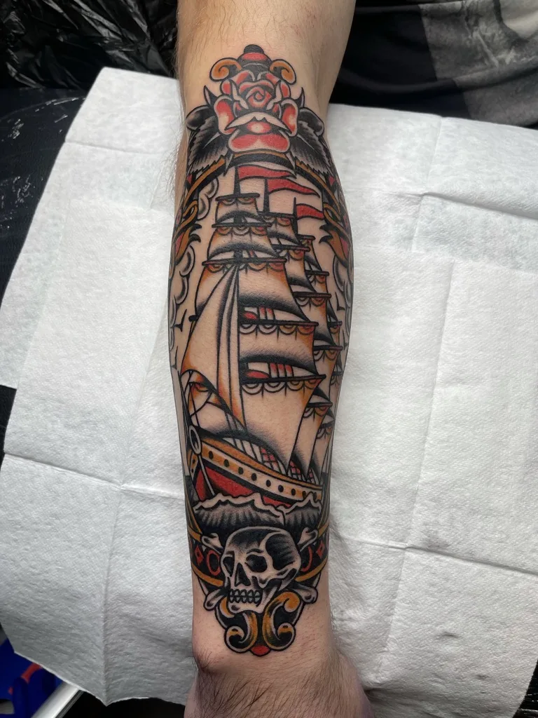 Clipper ship with roses — traditional tattoo by Alex Roze, Kelowna