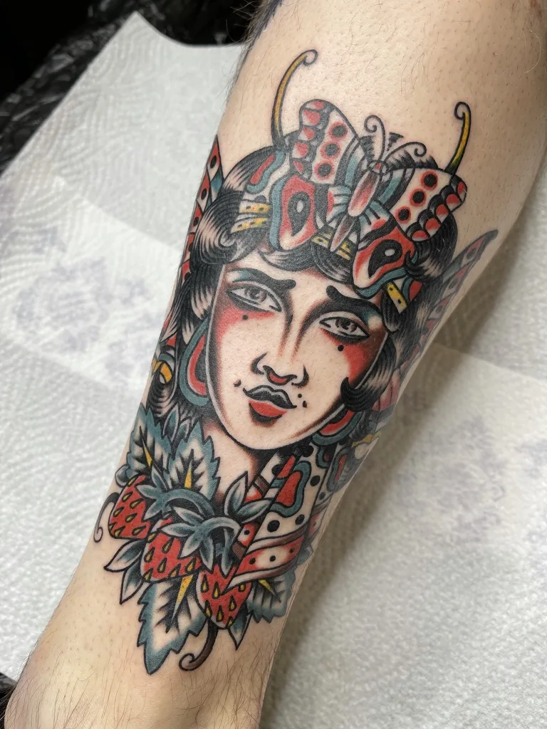 Lady head with moth headdress — traditional tattoo by Alex Roze, Kelowna