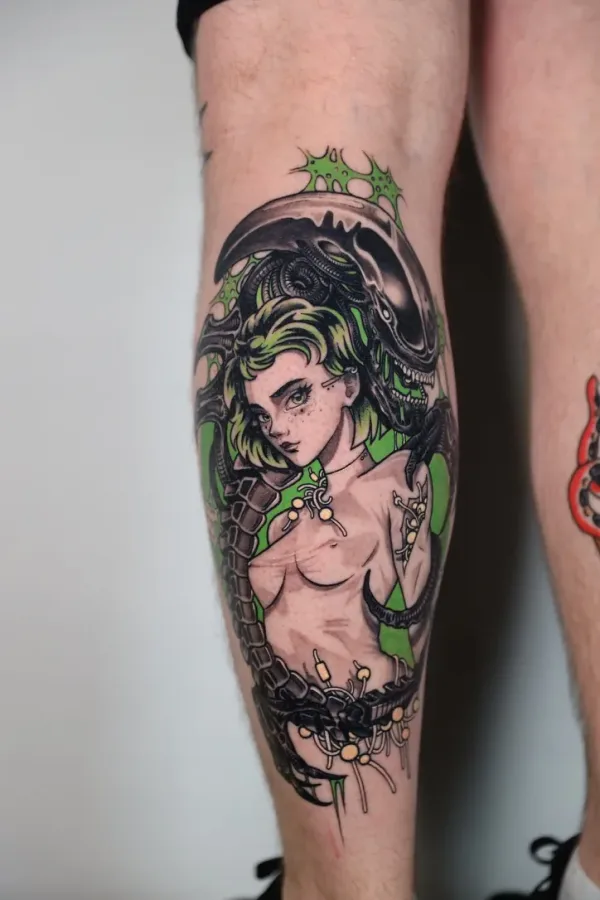 Anime girl with biomech alien, green. Tattoo by Alex Roze.