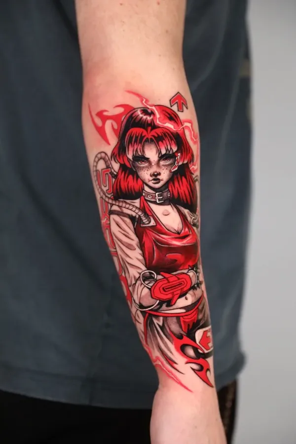 Red-haired anime girl with lightning. Tattoo by Alex Roze.