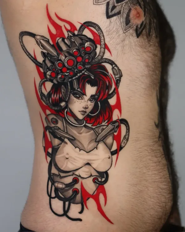 Cyborg anime girl with mech headdress. Tattoo by Alex Roze.