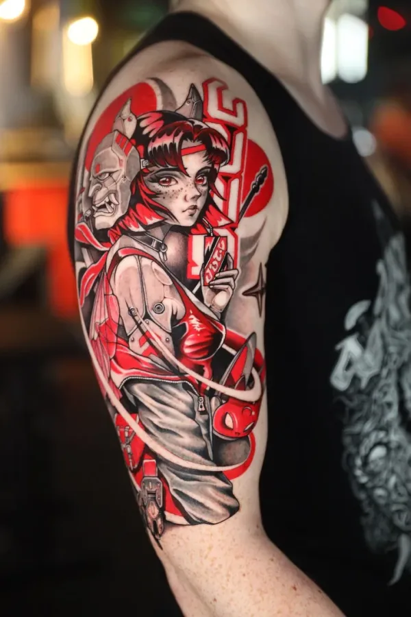 Red anime girl with oni mask. Tattoo by Alex Roze.