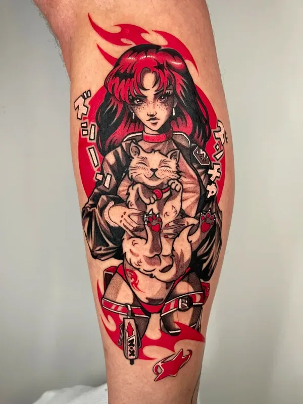 Red-haired anime girl holding a cat. Tattoo by Alex Roze.