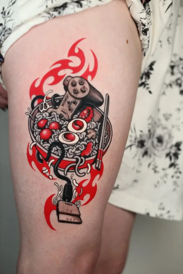 Ramen bowl with game controller, red. Tattoo by Alex Roze.
