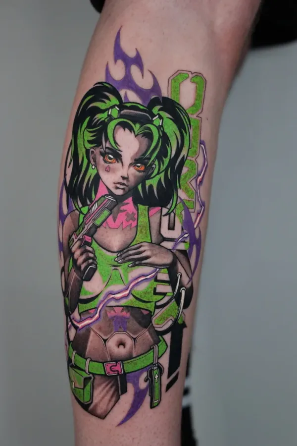 Green-haired anime girl with pistol. Tattoo by Alex Roze.