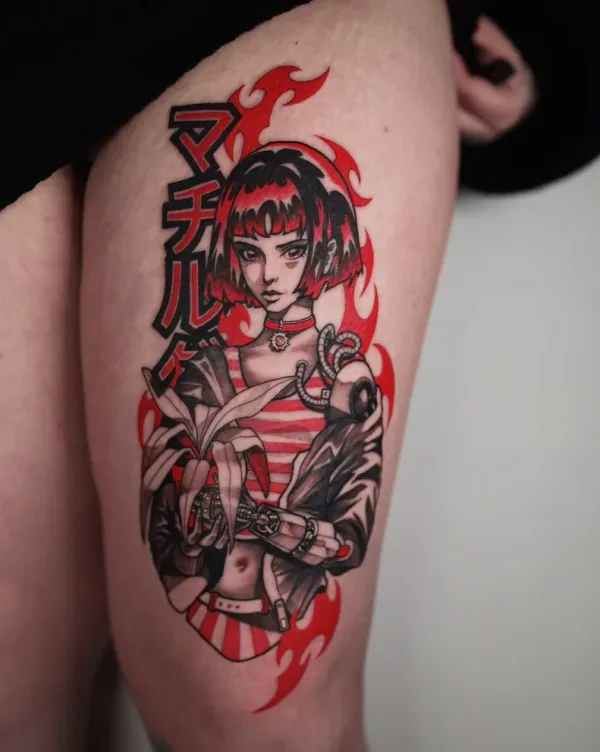 Red-haired anime girl with lily. Tattoo by Alex Roze.