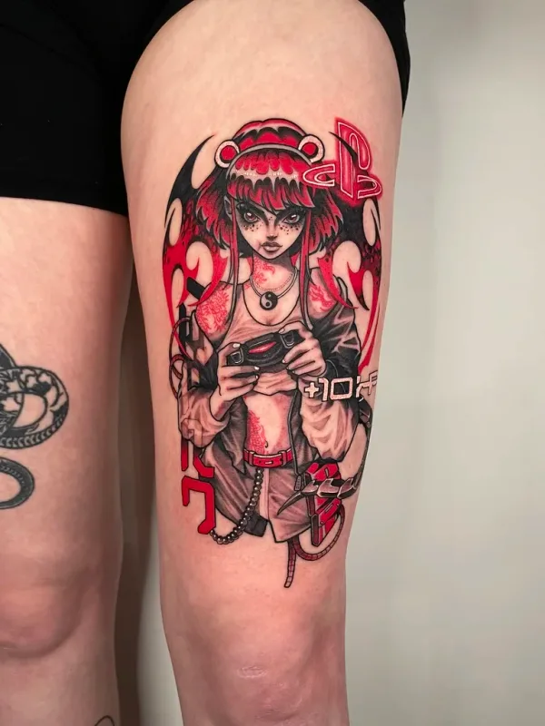 Red anime gamer girl with controller. Tattoo by Alex Roze.