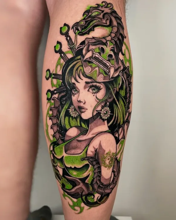 Green medusa anime girl. Tattoo by Alex Roze.