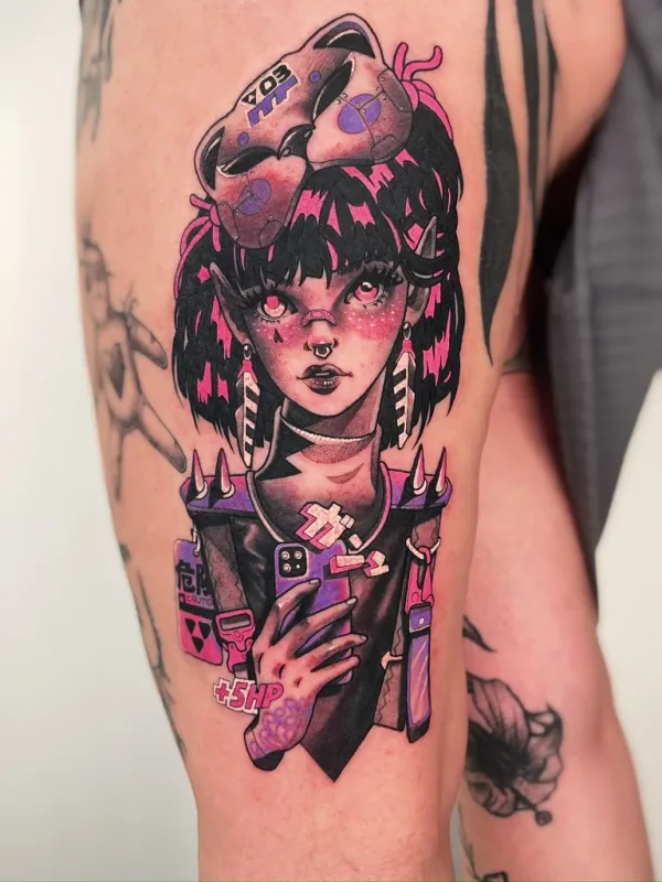 Pink and black cyber anime girl with phone. Tattoo by Alex Roze.