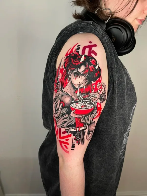 Red demon anime girl with ramen. Tattoo by Alex Roze.