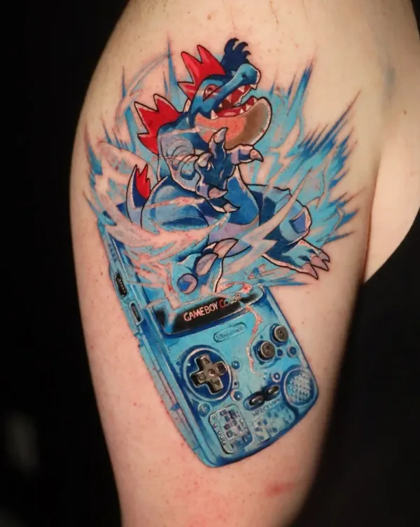 Feraligatr and Game Boy Color, Pokemon. Tattoo by Alex Roze.