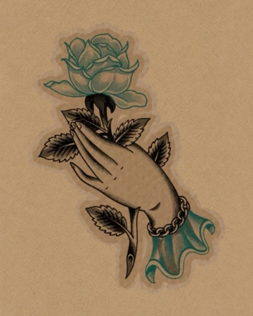 Traditional hand holding a turquoise rose, with black leaves and a turquoise cuff. Original drawing isolated on warm paper.